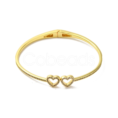 Rack Plating Brass Micro Pave Clear Cubic Zirconia Hollow Double Heart Hinged Bangles BJEW-H616-02G-1