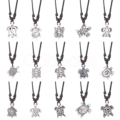 ANATTASOUL 15Pcs 15 Styles Tortoise Resin Pendant Necklaces Set with Adjustable Cotton Cords NJEW-AN0001-51A-1