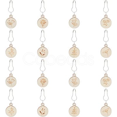 8Pcs 8 Style Flat Round with Flower Wood Charms Locking Stitch Marker HJEW-WH0042-32-1