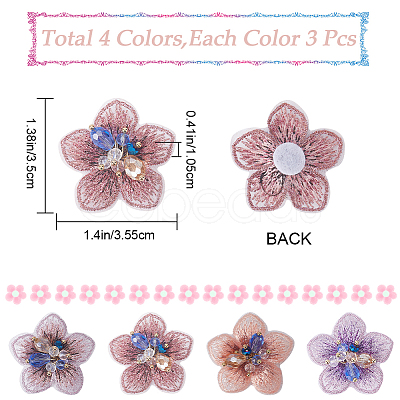 Gorgecraft 12Pcs 4 Colors 3D Flower Glass Beaded Appliques PATC-GF0001-47-1