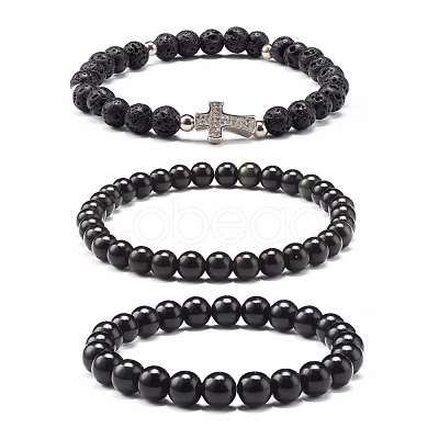 Natural Obsidian & Lava Rock Round Beads Stretch Bracelets Set BJEW-JB06982-04-1