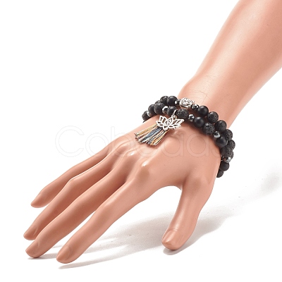 2Pcs 2 Style Natural Lava Rock & Synthetic Hematite Stretch Bracelets with Alloy Lotus & Buddha Head BJEW-JB08026-1