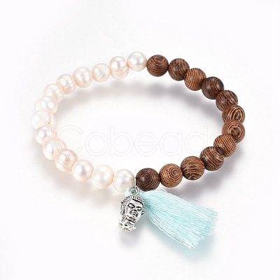 Cotton Thread Tassels Charm Stretch Bracelets BJEW-JB04110-05-1