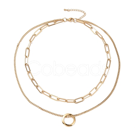 PVD Vacuum Plating 304 Stainless Steel Double Chains Multi Layered Necklace with Ring Charm for Women STAS-E155-17G-1