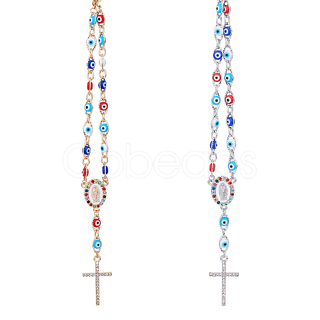 DICOSMETIC 2Pcs 2 Colors Alloy Rhinestone Cross Charm Bracleet with Colorful Resin Evil Eye Beaded Chains BJEW-DC0001-07-1