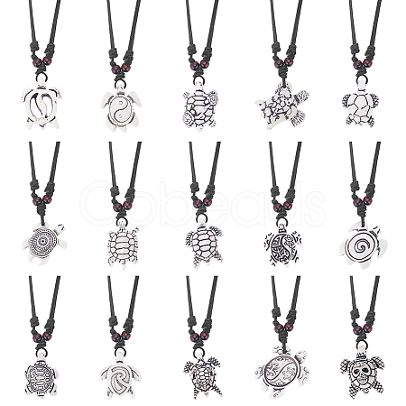 ANATTASOUL 15Pcs 15 Styles Tortoise Resin Pendant Necklaces Set with Adjustable Cotton Cords NJEW-AN0001-51A-1