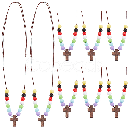 Wood Cross with Acrylic Beaded Pendant Necklaces for Women NJEW-AB00011-1
