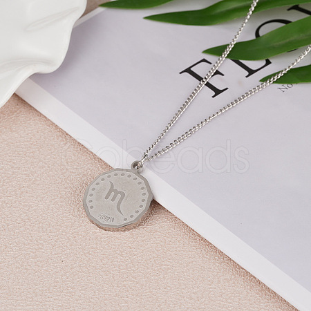 201 Stainless Steel Constellation Coin Pendant Necklace with Alloy Chains ZODI-PW0001-032L-1