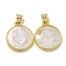 Rack Plating Brass Pave Natural White Shell Pendants, Flat Round Charms, Golden, 20x17x3.5mm, Hole: 5X2.5mm