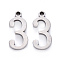 Tarnish Resistant 201 Stainless Steel Charms, Number, Laser Cut, Stainless Steel Color, Num.3, 15x7x1.5mm, Hole: 1.5mm