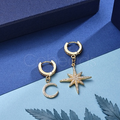 Star and Moon Asymmetrical Dangle Hoop Earrings EJEW-JE04031-02-1