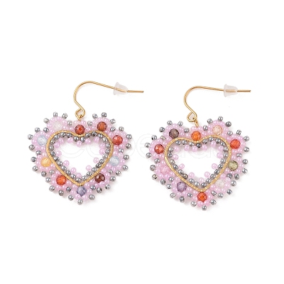 Heart Glass Seed Beaded and  Cubic Zirconia Dangle Earrings STAS-U017-03G-04-1