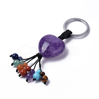 Natural Amethyst Heart with Mixed Gemstone Tassel Keychains KEYC-P012-03P-01-1