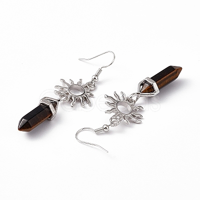 Natural Tiger Eye Bullet with Sun Dangle Earrings EJEW-I276-01P-08-1