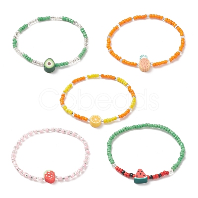 5Pcs 5 Style Lemon & Strawberry & Watermelon Polymer Clay & Glass Seed Beaded Stretch Bracelets Set BJEW-JB09102-1