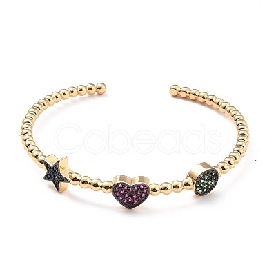 Colorful Cubic Zirconia Flat Round Heart Star Open Cuff Bangle BJEW-A123-07G-1