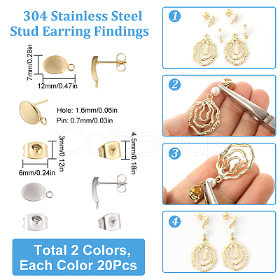 SUNNYCLUE 40Pcs 2 Color 201 Stainless Steel Oval Stud Earring Findings STAS-SC0005-29-1