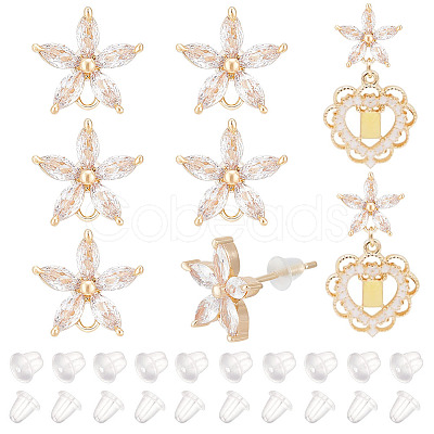 BENECREAT 8Pcs Brass Pave Clear Cubic Zirconia Stud Earrings Finding KK-BC0011-11-1