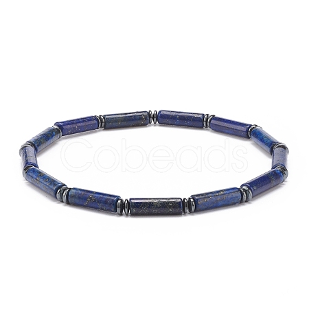 Natural Lapis Lazuli(Dyed) Column & Synthetic Hematite Stretch Bracelet BJEW-JB08458-03-1