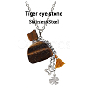 Natural Tiger Eye Perfume Bottle Pendant Necklace with Staninless Steel Butterfly Flower and Tassel Charms BOTT-PW0002-072E-1