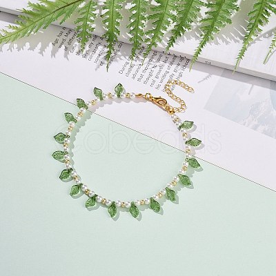 Acrylic Leaf Charm Anklets with Imitation Pearl Beaded for Women AJEW-AN00523-1