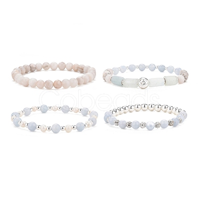 4Pcs 4 Style Natural & Synthetic Mixed Gemstone & 304 Stainless Steel Beaded Stretch Bracelets Set for Women BJEW-JB09116-1