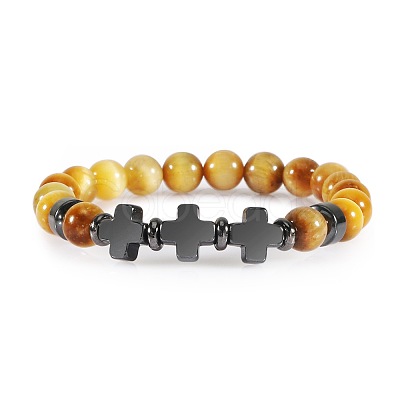 Volcanic Lava Stone Beaded Bracelet with Cross Pendant Tiger Eye Yoga ED3000-9-1