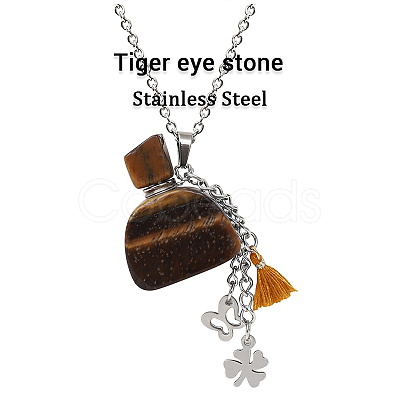 Natural Tiger Eye Perfume Bottle Pendant Necklace with Staninless Steel Butterfly Flower and Tassel Charms BOTT-PW0002-072E-1