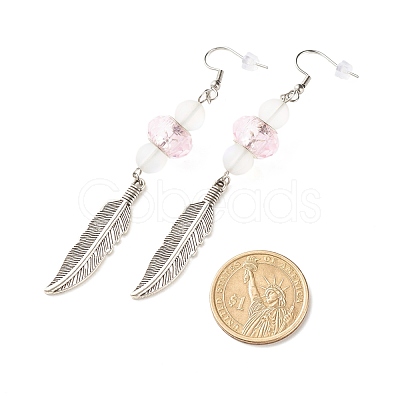 Feather with Round Beads Long Dangle Earrings for Girl Women EJEW-JE04681-03-1