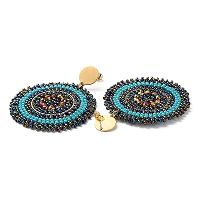 Woven Glass Beaded Flat Round Dangle Stud Earrings EJEW-A105-13G-1