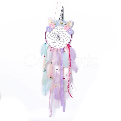 Handmade Unicorn Woven Net/Web with Feather Wall Hanging Decoration HJEW-A001-01B-1