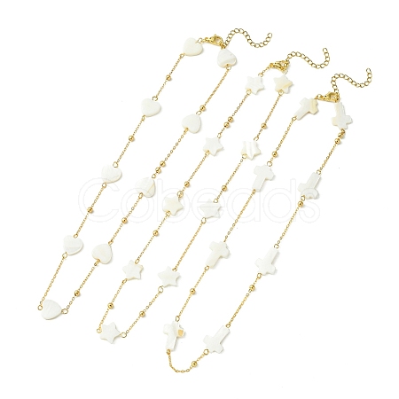 3Pcs 3 Style Natural Shell Beaded Link Chain Necklaces Set with Brass Golden Cable Chains NJEW-TA00120-1
