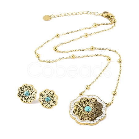 Synthetic Turquoise Stud Earrings & Pendant Necklaces Sets SJEW-M100-02C-G-1