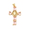 Rack Plating Brass Pendants, with Glass Cubic Zirconia, Religion Heart Cross with Virgin Mary Charm, Cadmium Free & Lead Free, Long-Lasting Plated, Real 18K Gold Plated, Misty Rose, 39x23x4mm, Hole: 5x3mm