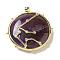 Constellation Natural Amethyst Pendants, Brass Flat Round Charms, Golden, Pisces, 32x30x9mm, Hole: 2mm