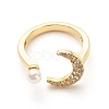 Clear Cubic Zirconia Moon Open Cuff Ring with Imitation Pearl for Women RJEW-A003-01G-1