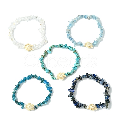 5Pcs 5 Styles Natural Quartz Crystal & Lapis Lazuli & Apatite & Aquamarine & Synthetic Turquoise Chip Beaded Stretch Bracelet Sets BJEW-JB10840-1