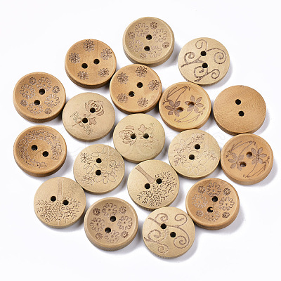 2-Hole Carved Wooden Buttons BUTT-T007-020-1