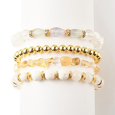 4Pcs 4 Style Gemstone & Brass Beaded Stretch Bracelets Set with Crystal Rhinestone for Women BJEW-JB07884-1