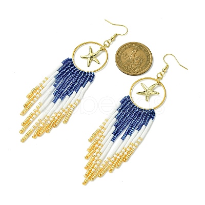 Ring with Starfish Tassel Glass Seed with Brass Dangle Earrings EJEW-MZ00145-1