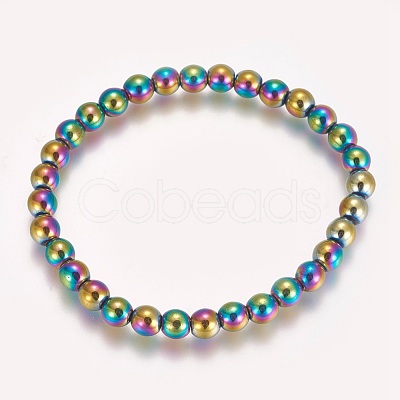 Electroplated Non-magnetic Synthetic Hematite Beaded Stretch Bracelet BJEW-P215-01-6mm-1