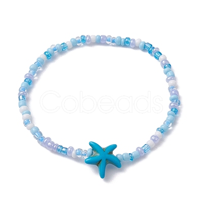 Glass Seed & Synthetic Turquoise Starfish Beaded Stretch Bracelet for Women BJEW-JB09709-01-1