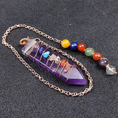 Natural Amethyst & Mixed Stone Braided Bullet Dowsing Pendulum Pendant Decorations CHAK-PW0001-043E-1