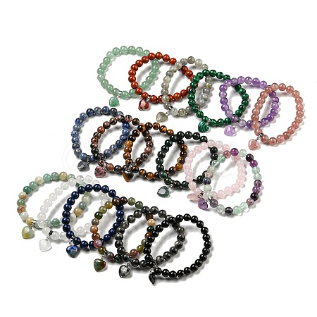 8.5mm Round Natural & Synthetic Mixed Gemstone Beaded Stretch Bracelets BJEW-C074-01-1