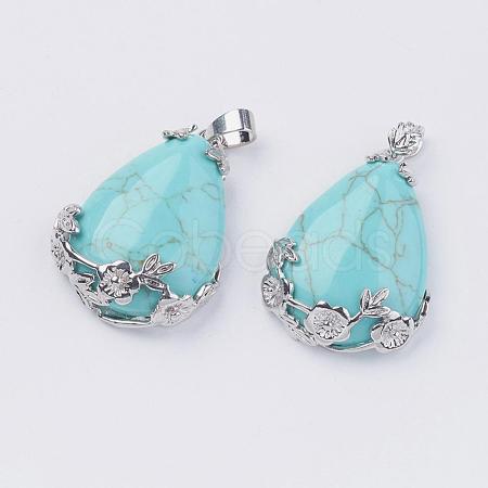 Teardrop with Flower Platinum Plated Brass Dyed Synthetic Turquoise Pendants G-F228-37L-RS-1