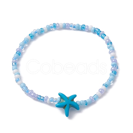 Glass Seed & Synthetic Turquoise Starfish Beaded Stretch Bracelet for Women BJEW-JB09709-01-1