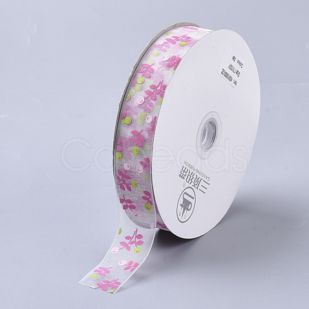 Flower Pattern Printed Polyester Organza Ribbons ORIB-Q034-06-1