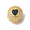 Flat Round with Heart Pattern Rack Plating Brass Micro Pave Cubic Zirconia European Beads, Large Hole Beads, Cadmium Free & Lead Free, Long-Lasting Plated, Real 18K Gold Plated, Dark Blue, 12x11.5mm, Hole: 4.5mm