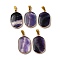 Natural Fluorite Pendants, Brass Oval Charms, Golden, 35x21x4mm, Hole: 8.6x3.2mm