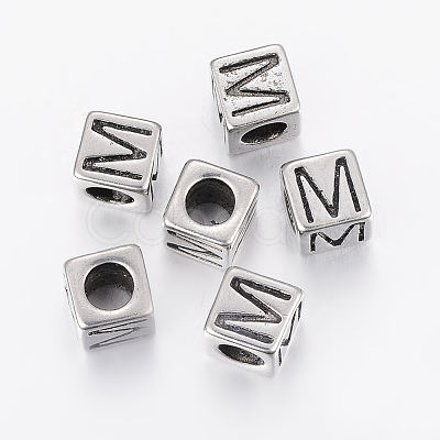 304 Stainless Steel Large Hole Letter European Beads X-STAS-H428-01AS-M-1